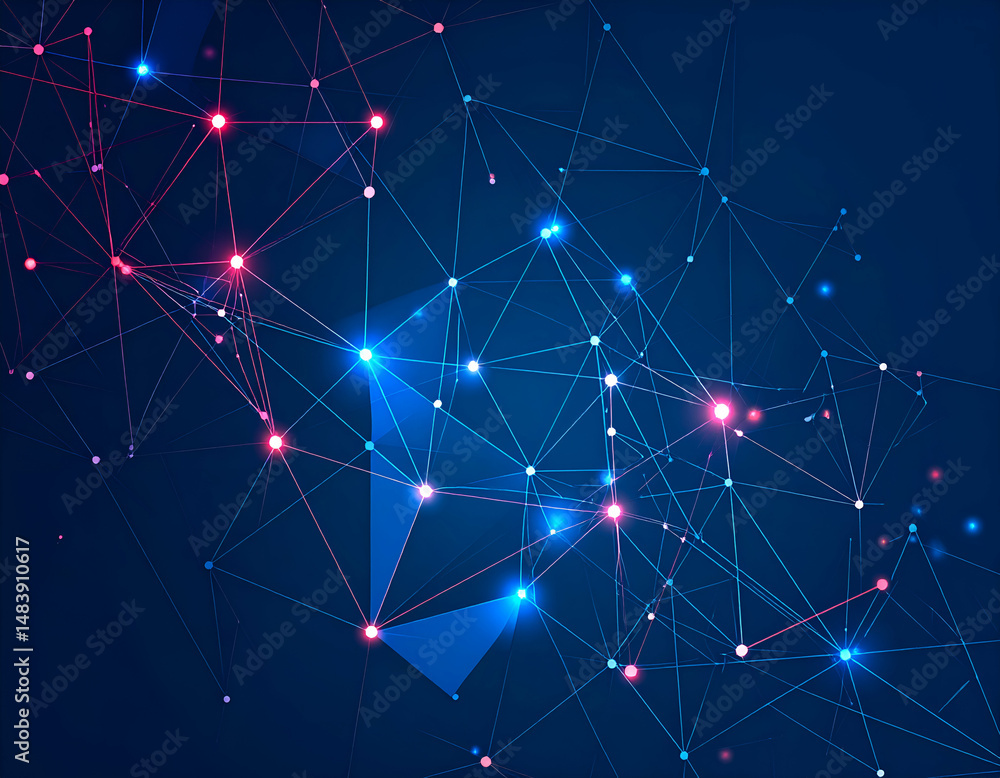 Fototapeta premium Abstract network of glowing points and lines forming constellations on a dark blue background