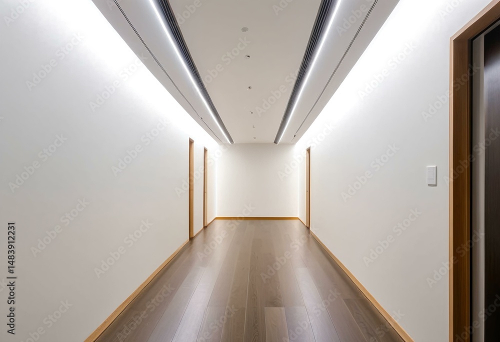 A long hallway with white walls and wooden floors. A long hallway with white walls and wooden floors.