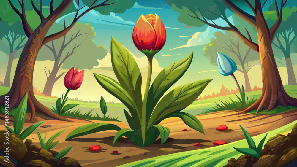 Obraz premium Awakening of Nature after winter. Leaves Tulip (Latin: Tulipa) make their way through the ground under the tree in early spring. Closeup.