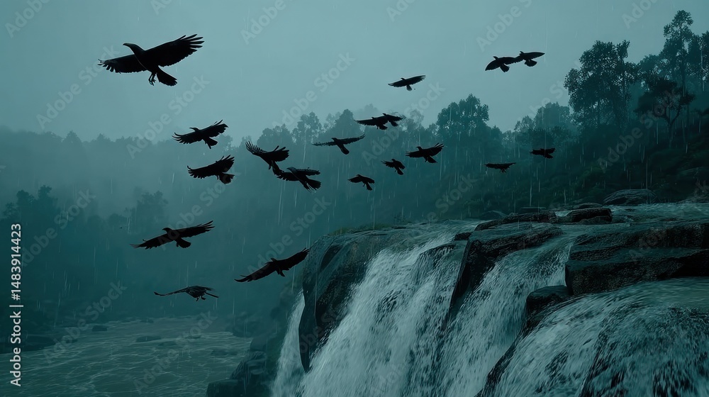 Fototapeta premium Birds silhouette over waterfall landscape