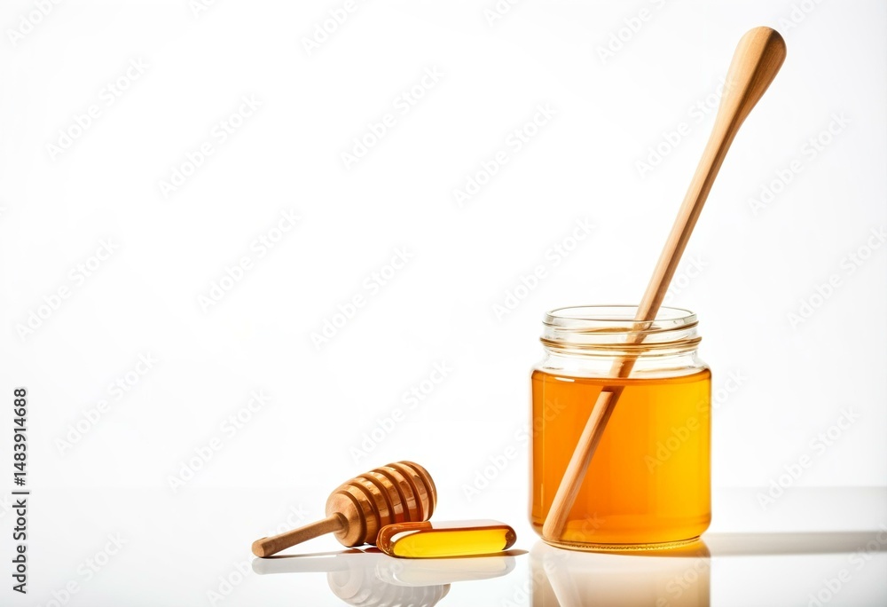 A jar of honey with a wooden spoon. A jar of honey with a wooden spoon.