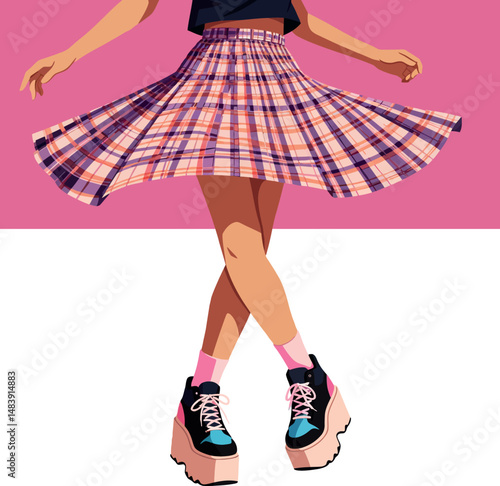 Woman Wearing Pink Plaid Skirt and Platform Sneakers Vector Illustration in Modern Style 