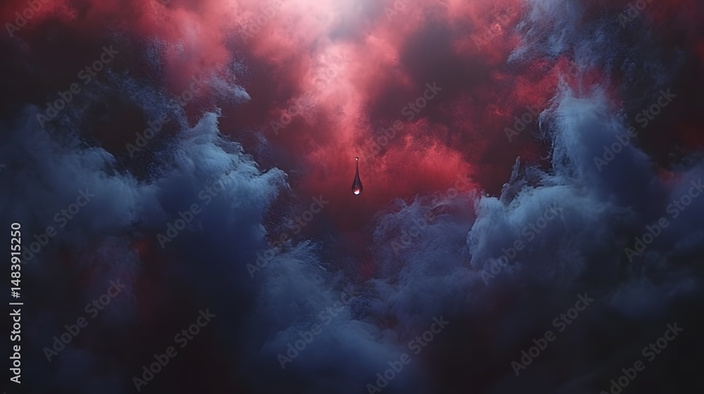 Obraz premium Single Water Drop Falling Through Dark Red Blue Cloudscape