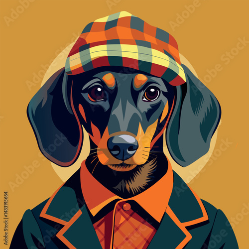 Dachshund in stylish outfit with plaid hat and jacket gives a playful look against a warm colored background Generative AI