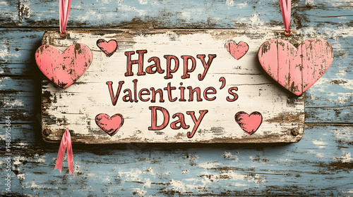 Rustic Valentine's Day Wooden Sign with Pink Distressed Hearts and Romantic Typography on Weathered Blue Painted Wood