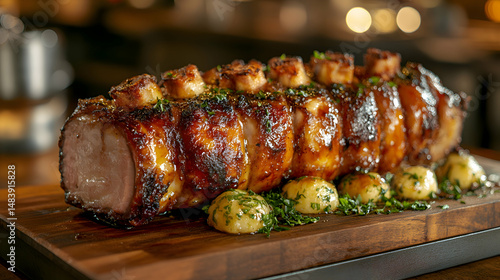 Cochinillo Asado, Roast Suckling Pig with crispy skin and tender meat, arranged elegantly on a wooden board with a blurred, warm-toned rustic kitchen in the background