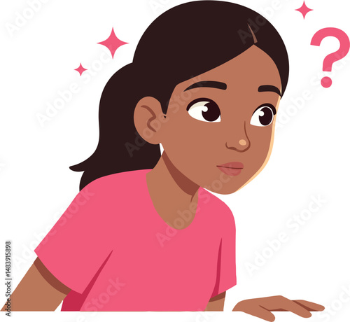 Curious young woman with question mark wondering and thinking vector illustration 