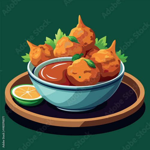 Deliciously crispy fried snacks served with tangy dipping sauce and fresh lime wedges on a wooden plate Generative AI