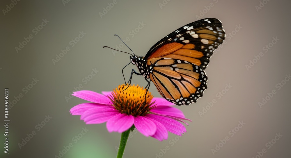 Fototapeta premium Monarch Butterfly on Pink Coneflower - A vibrant monarch butterfly delicately perched on a bright pink coneflower, symbolizing nature, beauty, transformation, grace, and serenity