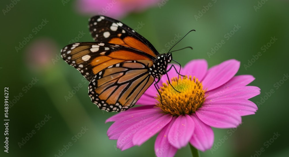 Monarch Butterfly on Pink Flower - A monarch butterfly delicately rests on a vibrant pink flower, symbolizing nature, beauty, transformation, freedom, and serenity Monarch Butterfly on Pink Flower - A monarch butterfly delicately rests on a vibrant pink flower, symbolizing nature, beauty, transformation, freedom, and serenity
