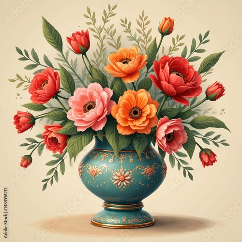 Wallpaper Mural Elegant floral illustration spring bouquet in decorative vase. Artistic blooms in vibrant red orange pink colors. Botanical design, ideal for wedding, home decor, greeting card or gift. Torontodigital.ca