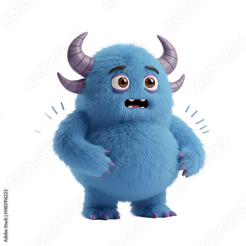 A cute, fuzzy blue monster with horns looks scared with wide eyes and open mouth, possibly for character design or animation.