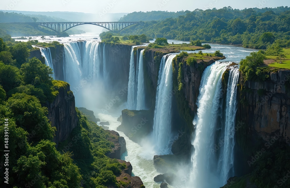 Fototapeta premium Spectacular panorama of Victoria Falls Zambia, Zimbabwe. Zambezi River flows over cliffs. Famous waterfall cascade falls into gorge. Green forest landscape, bridge background. Scenic travel
