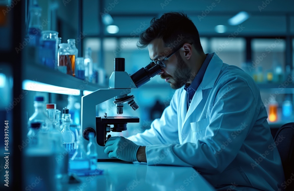 Male scientist studies sample under microscope in lab. Science tech research. Lab equipment, beakers, bottles, blue light. Medicine, chemistry, biotechnology. New tech, innovative scientific Male scientist studies sample under microscope in lab. Science tech research. Lab equipment, beakers, bottles, blue light. Medicine, chemistry, biotechnology. New tech, innovative scientific