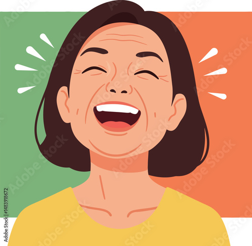 Laughing middle aged woman with short hair and yellow top happy expression vector illustration 