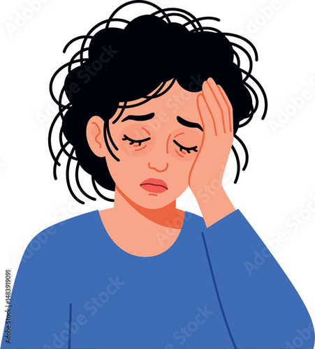 Woman with headache hold hand on forehead feeling stressed and tired vector illustration 