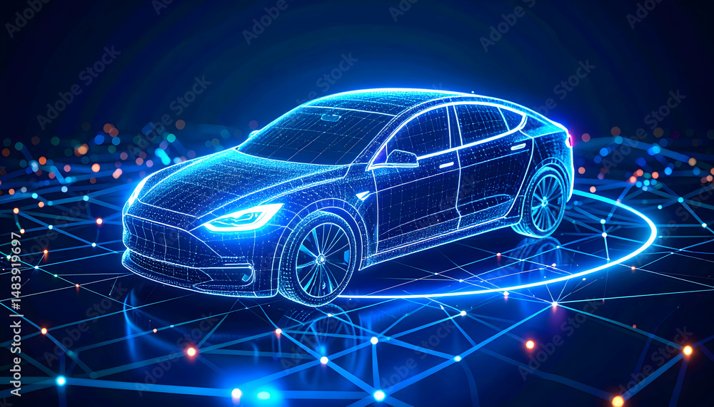 Futuristic electric car visualization with digital network for modern transportation Futuristic electric car visualization with digital network for modern transportation