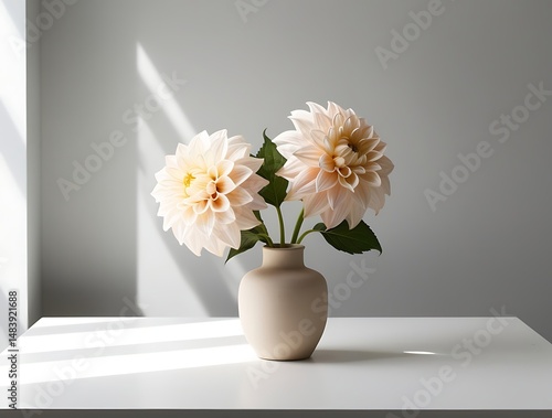 Wallpaper Mural Minimalist flower arrangement with two soft peach dahlias in a small beige vase placed on a white pedestal, beautifully lit by natural sunlight through a nearby window.

 Torontodigital.ca