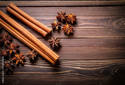 A bunch of cinnamon sticks and star anise on a wooden surface.