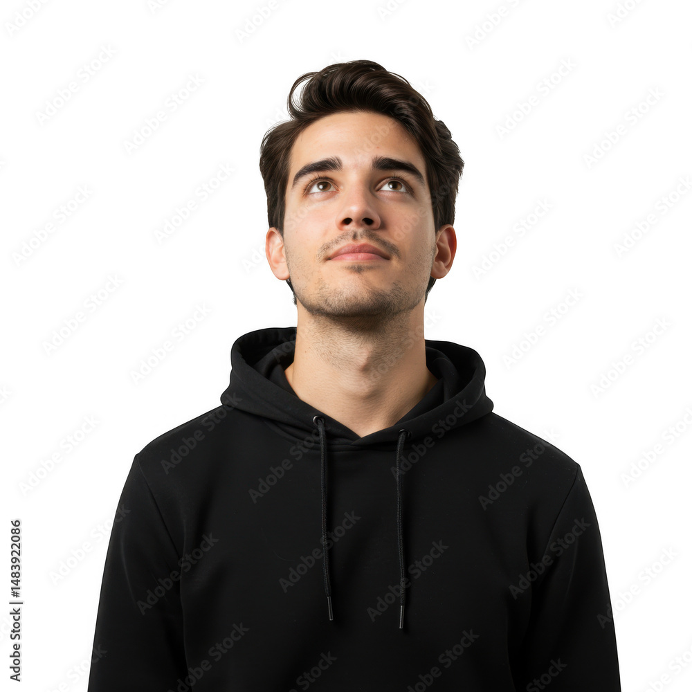 Obraz premium Man looking upwards wearing a hoodie isolated on transparent background