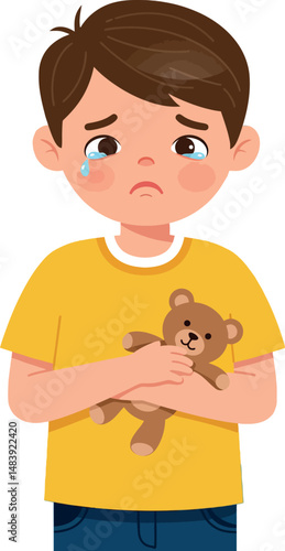 Sad boy crying holding teddy bear in yellow shirt vector illustration 