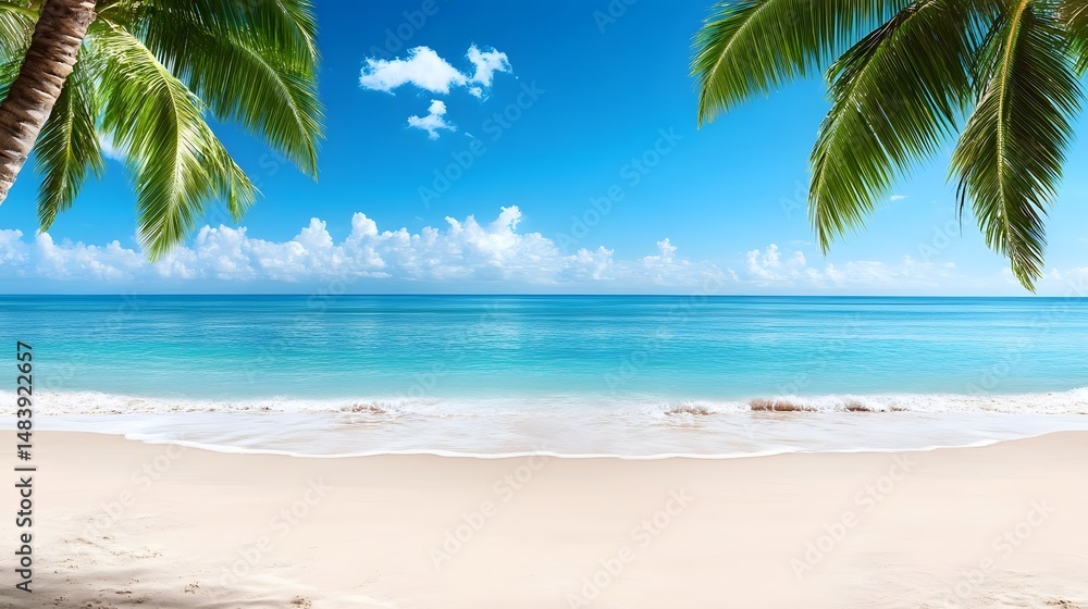 Fototapeta premium Stunning Tropical Beach Scene with Palm Trees and Turquoise Ocean