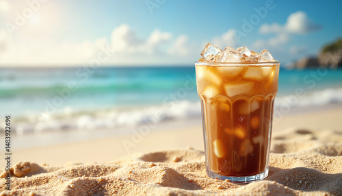 Wallpaper Mural Iced coffee on sandy beach with turquoise sea view Torontodigital.ca