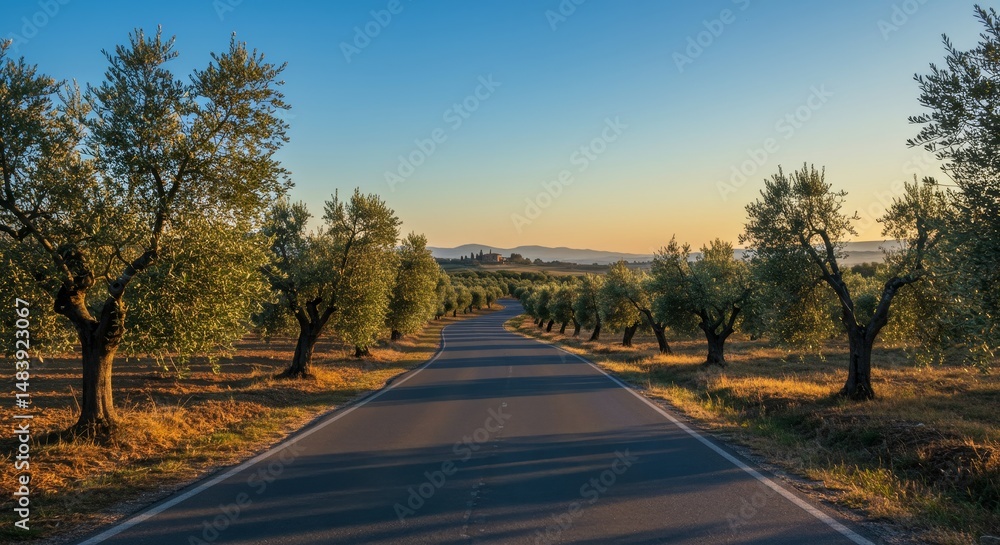 Fototapeta premium Scenic Country Road Through Olive Grove - Tranquil sunset view of a paved road winding through a picturesque olive grove. Golden hour light illuminates the landscape