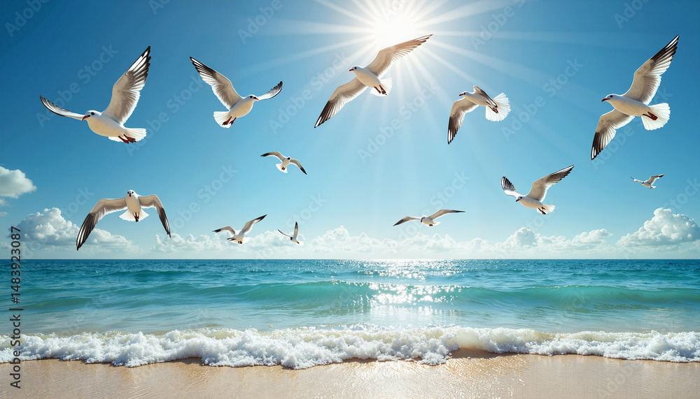 Fototapeta premium Seagulls flying over sunny beach and ocean