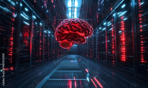 Evil red AI brain in data center. Danger of strong artificial intelligence, threat to humanity, future risk of bad scenario, creating dangerous ASI, scary