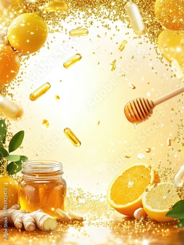 Bright and vibrant composition of honey, citrus fruits, and supplements with a sparkling background