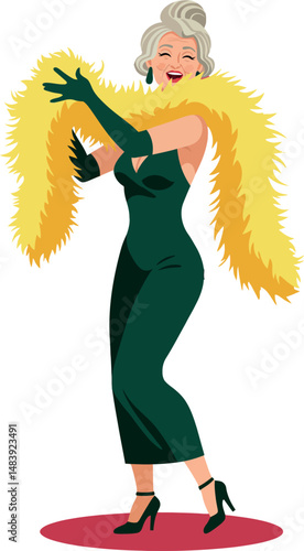 Mature woman in green dress with yellow feather boa performing on stage vector illustration 