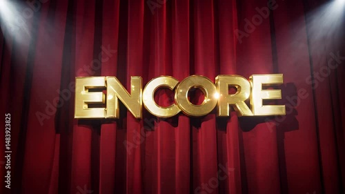 360-degree video of the flashing gold word encore in marquee style against a homogeneous red curtain background with sweeping stage lights, show concept
