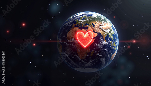 Glowing heart on Earth globe in starry space