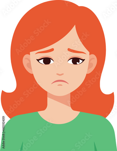 Sad red haired woman with green shirt vector illustration showing unhappy emotion 