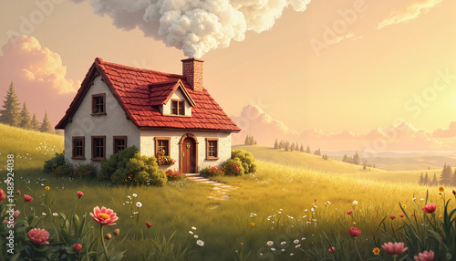 Cozy cottage on flowery meadow at sunset