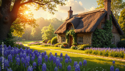 Idyllic thatched cottage with lavender garden at sunset