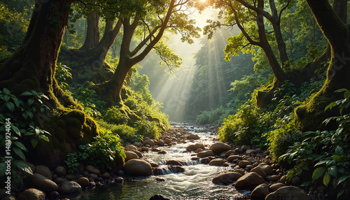 Sunlit stream in lush green forest with sunbeams