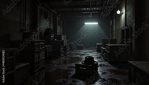 Dark warehouse with hat in crate during rainy night