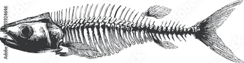Detailed black and white fish skeleton in vintage style. Vector illustration in sketch style