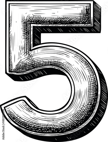 Black and white sketch of a stylized number 5 five with shading and texture. Vector illustration