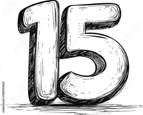 Hand-drawn black and white number 15 fifteen with sketchy texture style. Vector illustration