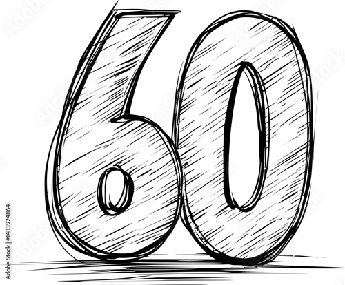 Hand-drawn sketched number 60 sixty with bold outline and dynamic shading. Vector illustration
