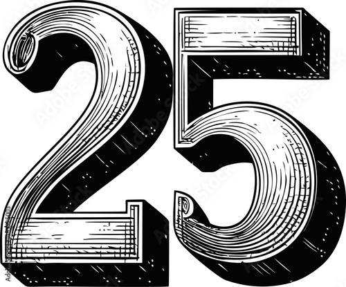 Vintage black and white illustration of the number 25 with intricate shading. Vector illustration in sketch style