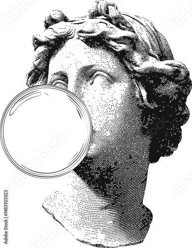 Classical statue with bubblegum illustration, monochrome art concept. Vector illustration in sketch style