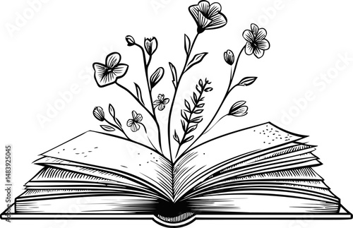 Open book with blooming flowers in black and white. Vector illustration in sketch style