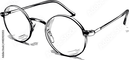 Black and white illustration of round eyeglasses with thin metal frames. Vector illustration in sketch style