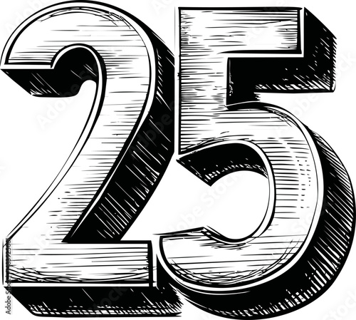 Black and white sketch of the number 25 twenty-five. Vector illustration