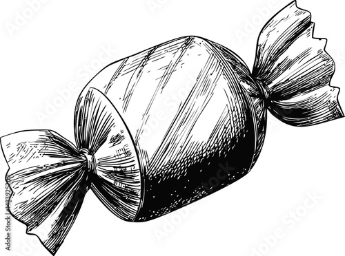 Detailed black and white illustration of wrapped candy, vintage style art. Vector illustration in sketch style