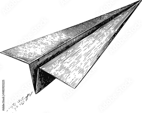 Black and white sketch of a paper airplane in flight, hand-drawn vector illustration
